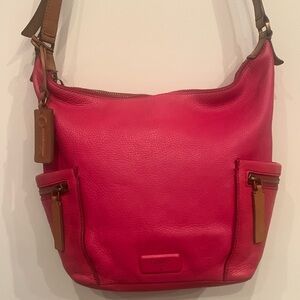 Fossil dark pink/tan trim genuine leather crossbody bag